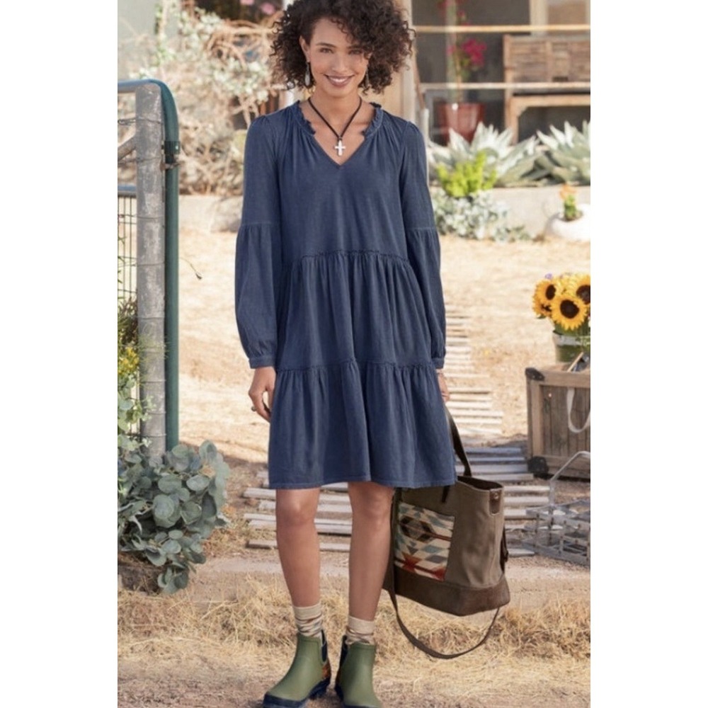Sundance Iris‎ Tiered Dress XS Navy Blue Boho 100% Cotton Ruffle Collar